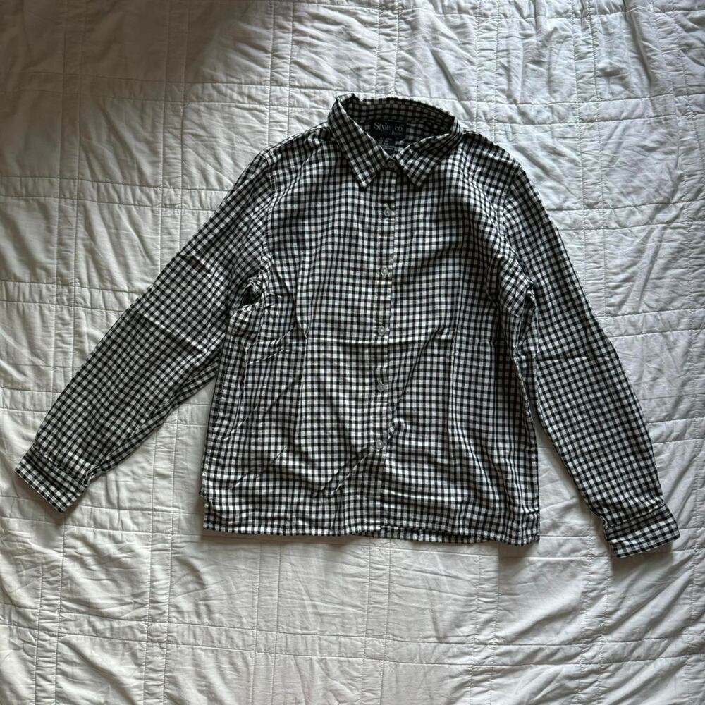 white black gingham button up collared shirt sz14P cotton preppy country classic